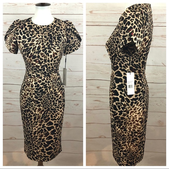 NWT Calvin Klein Puffy Tulip Sleeve Leopard Cheetah Sheath Dress - Picture 2 of 10